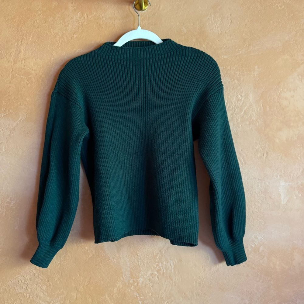 By Anthropologie Ribbed Mock Neck Sweater Green Balloon Sleeve Knit Top Size S